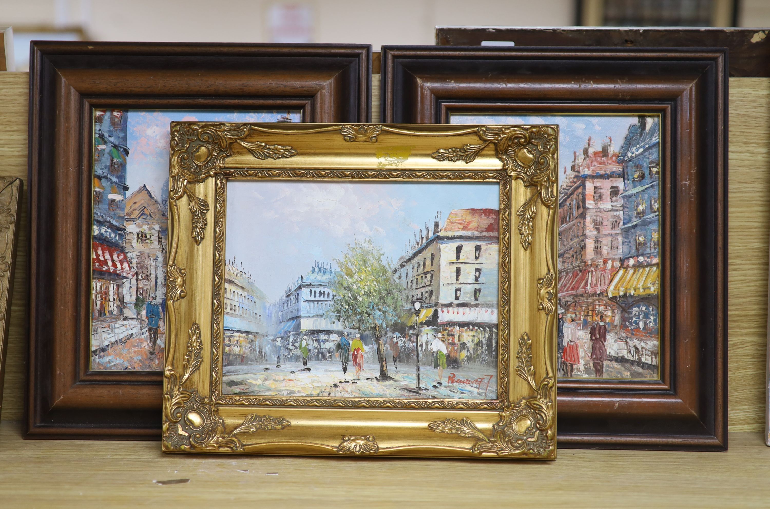 Burnett (Paris School), pair of oils on board, Street scenes, signed, 24 x 19cm and another similar street scene